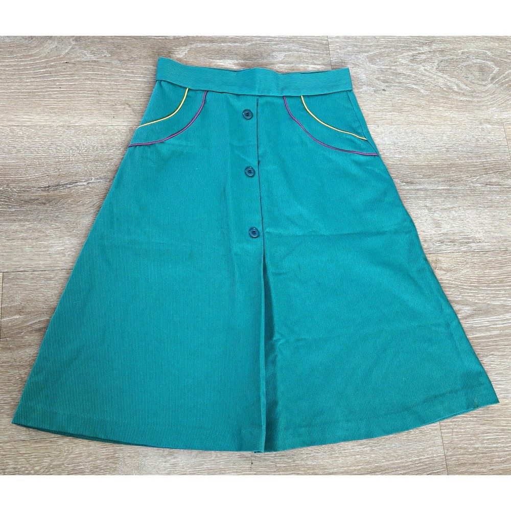American Vintage 1970s Girls A-Line Skirt - Size 12 | Teal Corduroy Button-Front